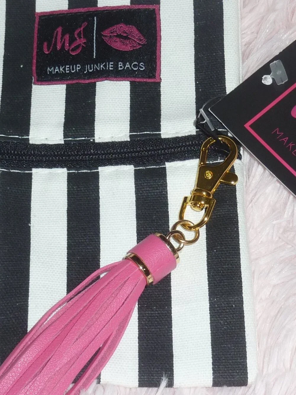 NWT Makeup Junkie Bag Glam Black and White Stripe Zippered